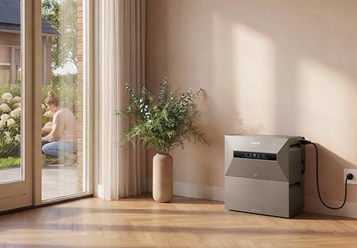 Anker SOLIX thuisbatterij in een woonkamer